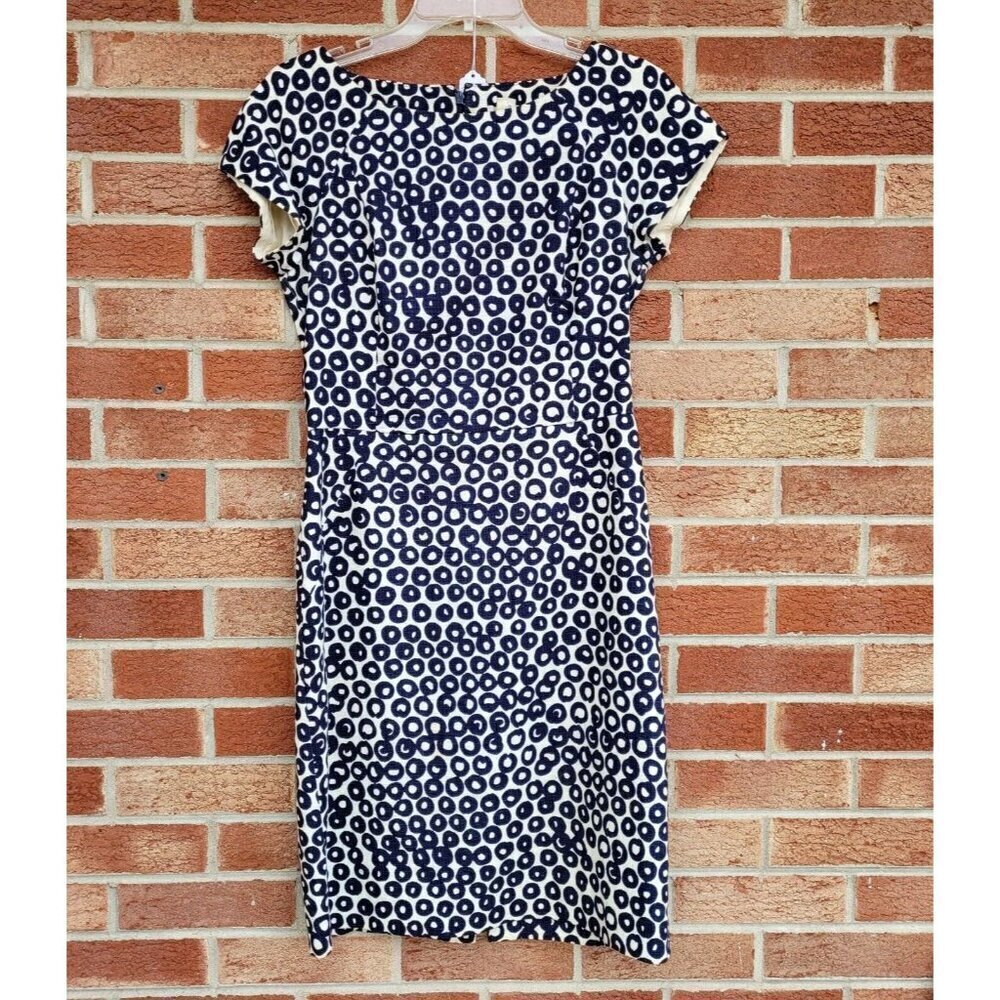 J. Crew Sheath Dress Women's Size 2 Black and Cream Circles Midi Lined Career